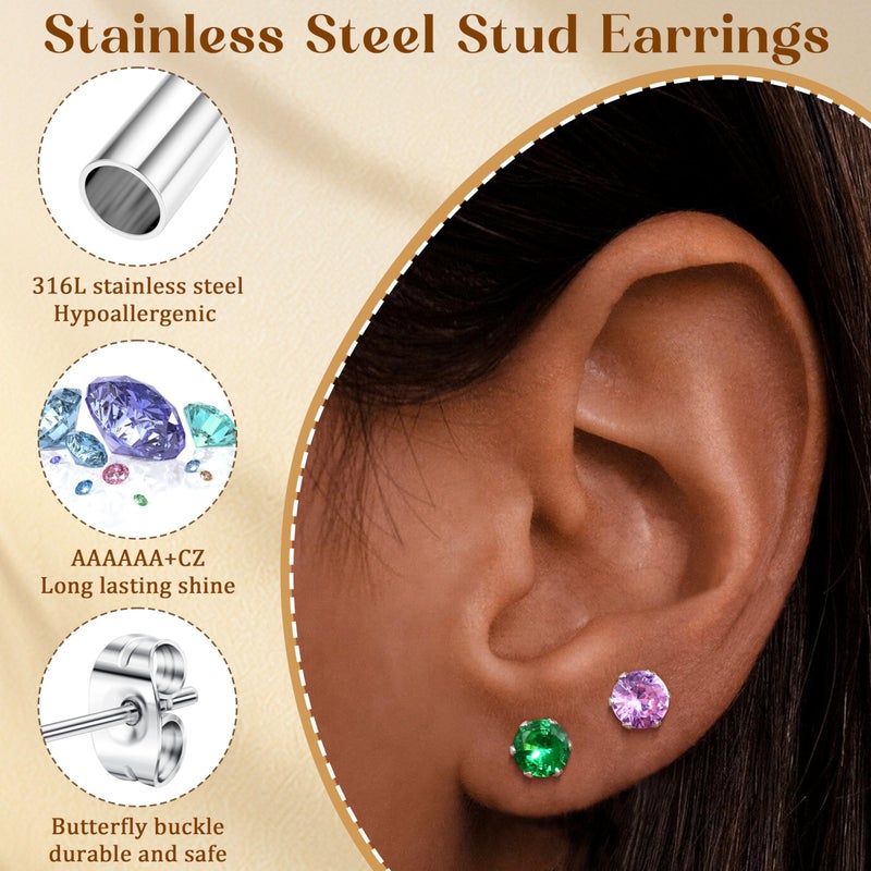 LOYALLOOK 12 Pairs Stainless Steel Brilliant Cut Round Cubic Zirconia Birthstone Stud Earrings for Women 5mm - Image 3